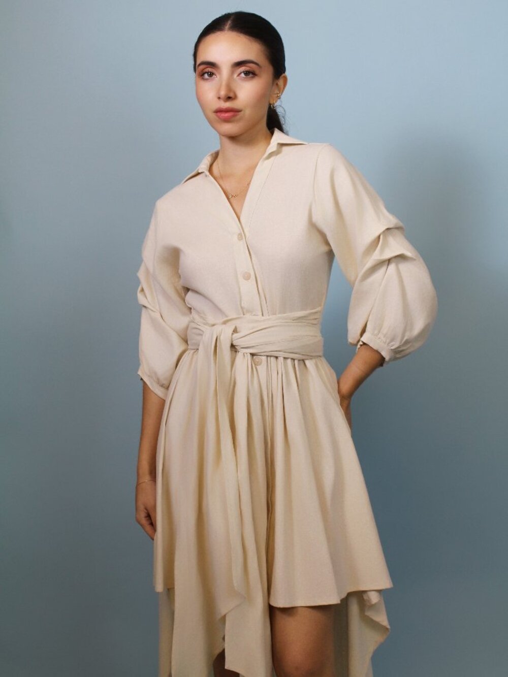 Elegant Crude Linen High-Low Shirt Dress
